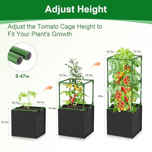 3 Pack Tomato Cages, Square Tomato Trellis with 17 Gallon Grow Bags,47IN Tall Heavy Duty Tomato Plant Support Stakes for Garden Climbing Vegetables Flowers Fruits (Extra-Bold, 3 Pack)