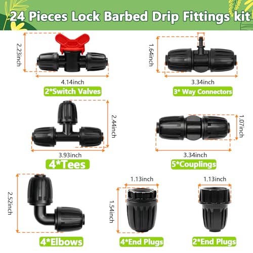24 Pcs 1/2 Inch Drip Irrigation Fittings Kit, 1/2 Inch Drip Tubing (0.60"-0.65" OD) Parts Including 4 Tees 5 Couplings 4 Elbows 4 Reducing T 4 Plugs 2 Valves 2 Threaded Faucet Adapter - size: 1/2 inch Fittings