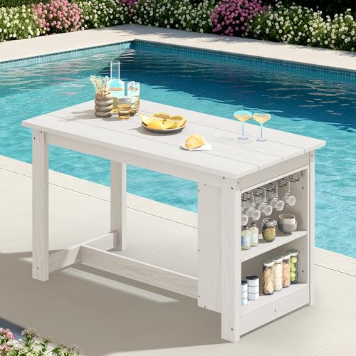 SERWALL Outdoor HDPE Counter-Height Bar Table with Storage Rack, White - color: White, size: 1 Bar Table