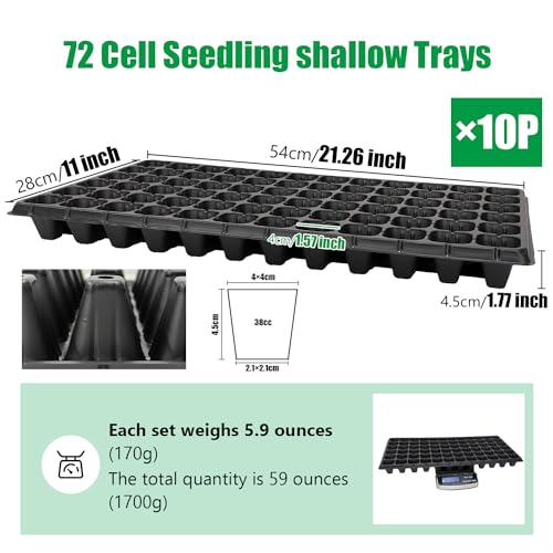 RooTrimmer 72 Cell Seed Trays, Thick Durable 72 Cell Plug Tray Seedling Plastic Nursery Tray for 1020 Flat Germination (10-Pack, 21"×11", 1.81" Height, Low) - color: Black-72c-l, size: 72C-10P