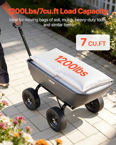 VEVOR Garden Dump Cart, 1200 lbs Poly Dump Cart, 7 Cu. Ft. Garden Carts Dumps Wagon with 2-in-1 Convertible Handle, 90° Quick-Dumps Mechanism, 180° Swivel Wheels, Yard Wagon for Plants, Soil, Crops