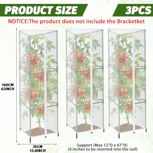 3 Pcs Garden Bird Barrier Tent Plant Cover 63" x 13.8" - Fit Triangular Support (Max 12" D x 67" H) Tomato Cage Net with Zipper & Drawstring Foldable Trellis Cover for Protecting Plant - size: 63" x 13.8"