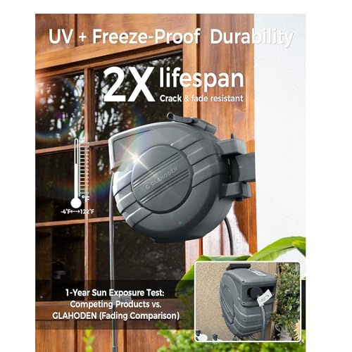 GLAHODEN 1/2 in x 65 ft Retractable Garden Hose Reel with Automatic Rewind - color: Dark Gray, size: 1/2" 65FT