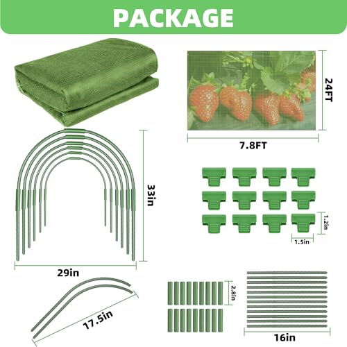 U0U Garden Mesh Netting Kit,7.8 x 24 Ft Plant Netting with Hoops,Bird Net for Garden with 6 Sets Garden Hoops & 18 Clips,Garden Net Bed Cover for Plants Birds Animals Protection - color: Green
