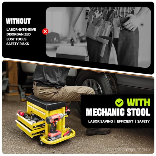 Auto Dynasty Mechanic Rolling Seat, 3-Drawer w/Tool Tray, 350LBS, Yellow - color: Yellow