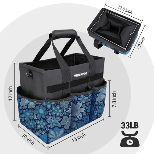 WORKPRO Garden Tool Bag, 10 Pockets and Shoulder Strap, Floral Blue - color: Floral Blue