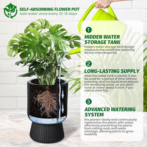 Garvee Self-Watering Planters, Set of 2, 14.2 Inch Tall Plant Pots - color: Black