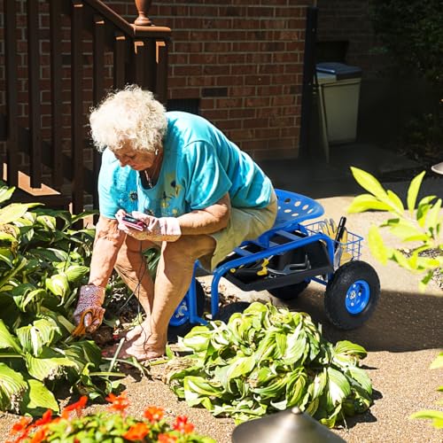 GIANTEX Rolling Garden Work Seat, 360 Swivel Gardening Workseat with Wheels, Tool Basket, Adjustable Height, Outdoor Scooter for Sitting, Gardening Stool Chair for Planting Trimming, Blue - color: Blue