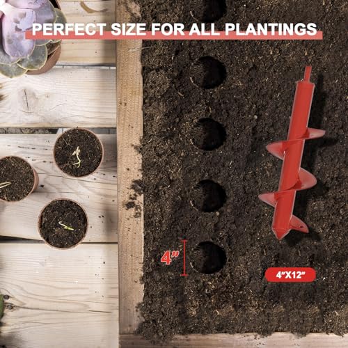 Auger Drill Bit for Planting - 4" X 12" Heavy-Duty Garden Auger Spiral Drill Bit - Bulb Planter Tool & Auger Post Hole Digger - 3/8" Hex Drive Drill - size: 4"x12"(Red)
