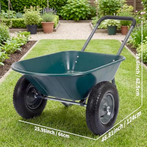 600 Lbs Garden Wheelbarrow with All Terrain 2 Wheel Wagon Cart Steel Frame - color: Army Green