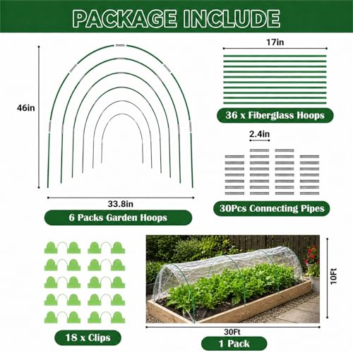 Garden Netting Kit, 10x30FT Ultra Fine Garden Mesh Netting with 6 Sets Garden Hoops, Insect Netting for Garden Protection Plant Covers, Garden Netting for Raised Beds Plant Fruit Flowers Protection