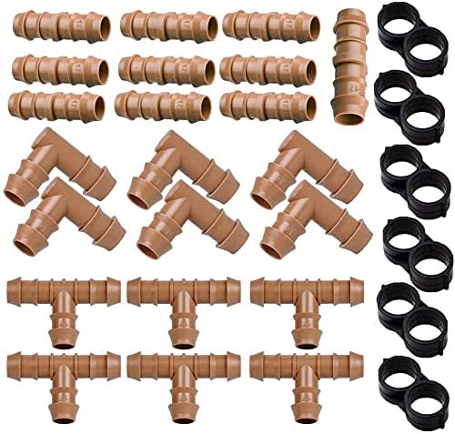28P Drip Irrigation Fittings Kit (17mm) for 1/2" Tubing (.600" ID), 10 Couplings, 6 Tees, 6 Elbows and 6 Tubing End Closure - Barded Connectors for Drip or Sprinkler Systems(28 Pieces Set) - color: 28pcs-drip irrigation kits