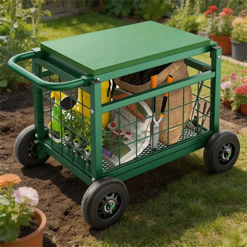 Extra Large Garden Cart with Seat, 3-in-1 Rolling Workseat with Wheels - color: Green, size: Extra Large
