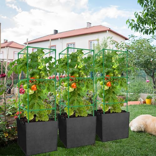 3 Packs 47 x 16 x 16 Inch Garden Tomato Cages with 17 Gallon Grow Bags- Square Plant Support Trellis Assembled with Planter Bags- Garden Cucumber Vegetables Frames for Vertical Climbing Plants - style: Square-3 Set
