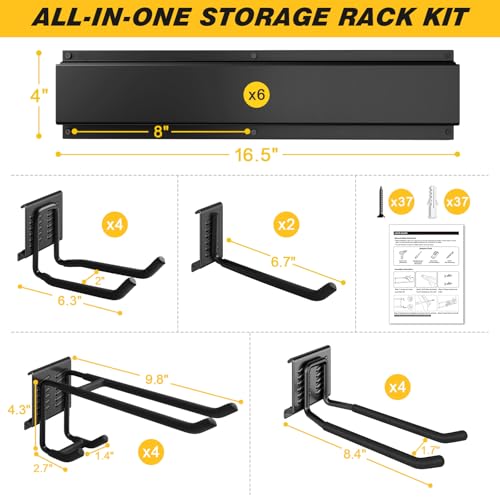 99 Inches Garage Storage, UUP Garage Organization, Wall Mount Garden Tool Organizer, Max 1000lbs Adjustable Metal Hook, Yard Shed Hanging Utility Rack, Heavy Duty Shelving for Rake Broom Mop Snowboard - size: 99" with 6 Panels & 14 Hooks