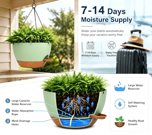 12" Self Watering Hanging Planters with Chains, Green Brown,2 Pack - color: Green Brown, size: 2 pack 12 inches