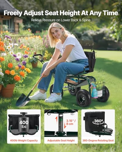 VEVOR Garden Seat with Wheels, Rolling Garden Stool with Height Adjustable & 360° Swivel Seat, 400lbs Weight Capacity, Gardening Cart Bench, Ergonomic Backrest & Tool Storage, for Yard, Patio - color: Dark Green
