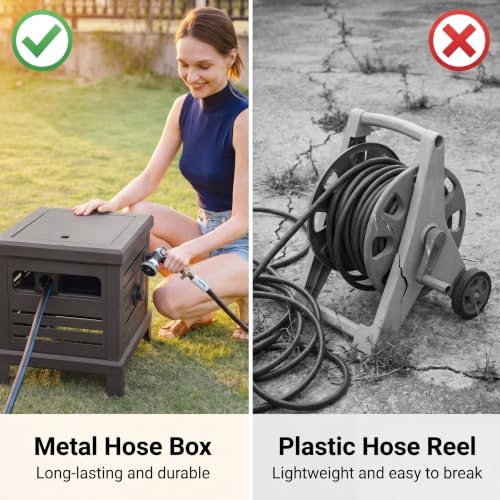 Relhost Hose Reel, Heavy Duty Metal Deck Box Hideaway Holds 125 ft x 5/8" Hose, Garden Hose Reel with Never-Leak System, Manual Crank Handle, Hose Guide, Ideal for Yards, Patios, and Garden Sheds - color: Grey, size: 125FT