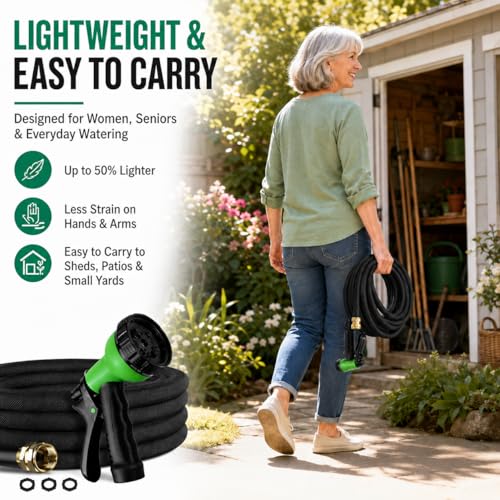 50FT Non-Expandable Flat Garden Hose with 10 Function Nozzle,No-Kink,Black - color: Black, size: 50FT