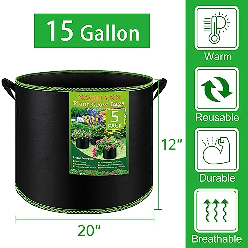 NACHLYNN 5-Pack 15 Gallon Grow Bags Thickened Nonwoven Fabric Pots Heavy Duty Aeration Fabric Pots with Handles Plant for Gardening Fruits Flowers Plant - size: 15