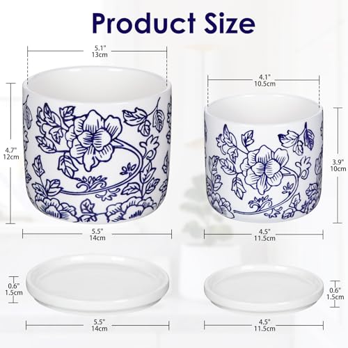 Set of 2 Blue and White Ceramic Plant Pots with Drainage Hole and Saucers, Retro Blue Porcelain Flowers Round Planters for Succulent Cactus Indoor Outdoor Garden Home Desktop Decor, 4.5+5.5 Inch - color: Style 3