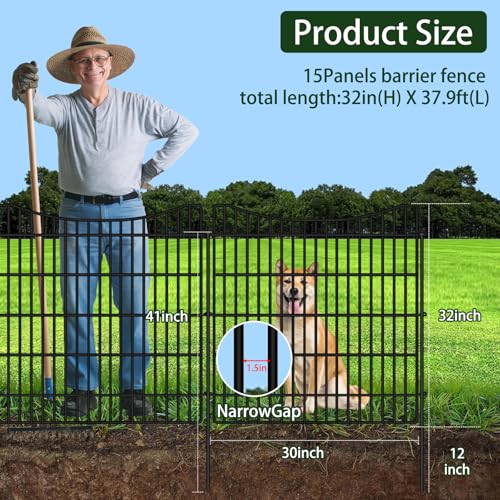 ULIOK 15 Panels Dog Fence Outdoor for Yard, 32 in(H) X 37.9 ft(W) Garden Fence Animal Barrier, No Dig Garden Fencing Outdoor, Dogs Rabbits Blocker Metal Wire Decorative Fences for Yard, Patio - size: 15 Panels-32in(H)x37.9ft(L)-Concave
