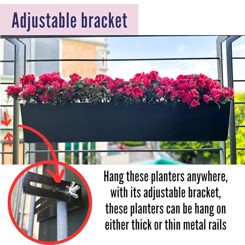 LaLaGreen Rail Planter Boxes for Outdoor (2 Pack, 40") Hanging Flower Pots with Bracket, Black Rectangular Self Watering System Deck Railing Herb Planters Outdoor Plants Container Rail Balcony Fence - color: 40" X 2 (Black)