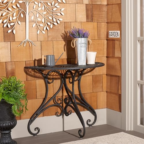 SAFAVIEH Outdoor - Annalise Half-Moon Accent Table - Black Iron Metal - Vintage Baroque Scrollwork - Ideal for Patio, Deck, Porch, Garden, 35.5" W x 18.5" D x 29" H (PAT5008E) - color: Black