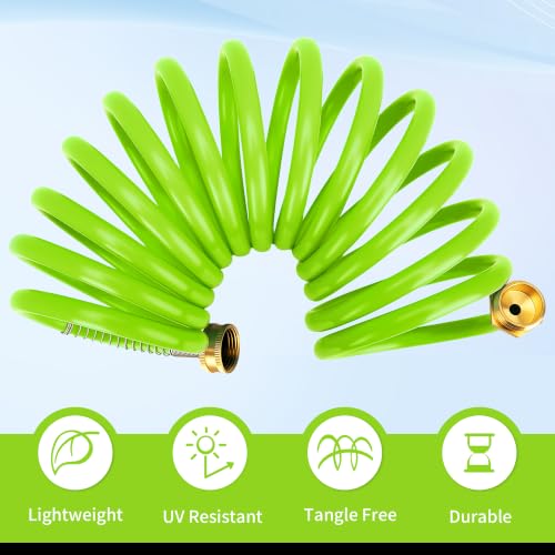 AUTOMAN Coil Garden Hose 15 ft, EVA Curly Water Hose with Brass Connectors, Recoil Garden Water Hose,Includes 7-Pattern Function Sprayer,Retractable,Corrosion Resistant Garden Coil Hose. - color: Green, size: 15 ft