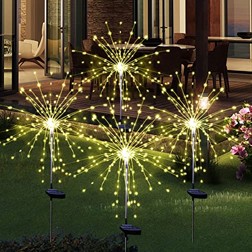 Solar Garden Firework Lights, 4 Pack, Waterproof, 120 LED, Outdoor, Warm White, Pathway, Patio, Party Decorations - color: Yellow, size: 4 PACK 120 LEDS