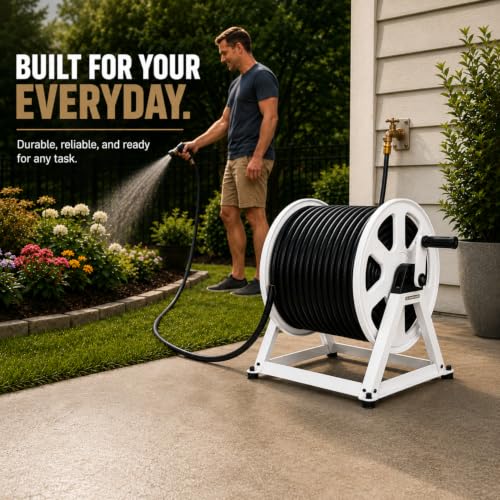 Dual Floor and Wall Mounted Garden Hose Reel, Holds 200ft of Water Hose, Heavy Duty Metal Hose Reel, Space Saving Hose Reel Organizer for Yard, Garage & Shed (White) - color: White