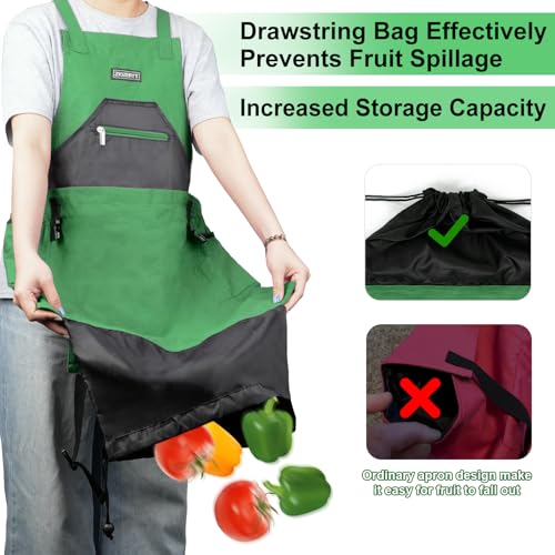 Garden Apron,Harvest Aprons with Drawstring Bag and Pockets for Women and Men,Canvas Fruit Picking Apron - color: Green