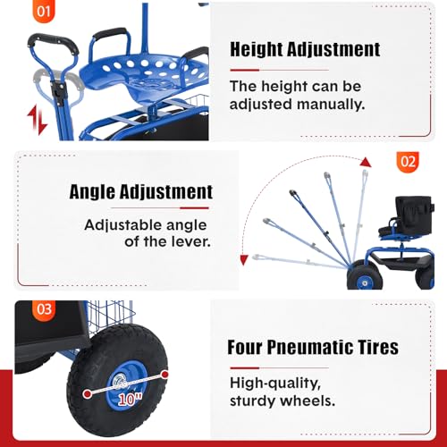 Rolling Garden Cart with Seat, Garden Workseat with 360-Degree Swivel - color: Blue+backrest