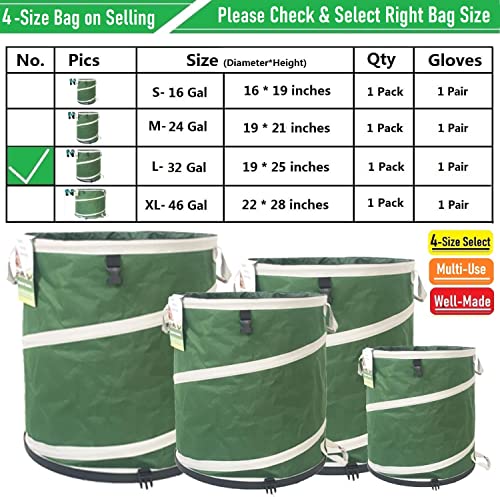 32-Gallon Collapsible Trash Can (19x25 in) Hard-Shell Bottom Leaf Bag,Yard Waste Bag,Garden Debris Container,Pop-Up Recycling Bin,RV Camping Waste Bin,Laundry Hamper,Lawn Grass Clippings,Weeds Basket