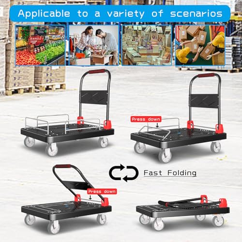 Heavy Duty Platform Trucks Flatbed Cart with Brake Wheels & Fence - color: Black, size: 36"x24"