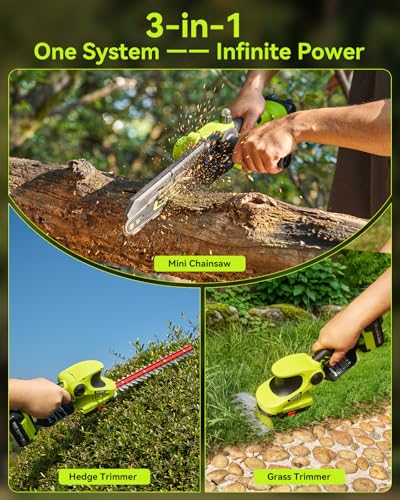 Supstable 3-in-1 Cordless Mini Chainsaw & Hedge Trimmer Combo, 8 Inch Mini Chainsaw with Grass Shear, 800W Brushless Motor, 2×4000mAh Batteries, Garden Tool Set for Tree Trimming & Lawn Care - color: Spring Green