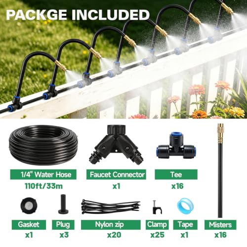 Riboud 110Ft Drip Irrigation System, 2026-Upgrade Garden Watering Kit with 16 Adjustable Copper Rotating Arm Nozzles, 360° Flexible Spray Irrigation Kit for Raised Beds, Lawn, Greenhouse - size: 110ft + 16pcs nozzles and connectors