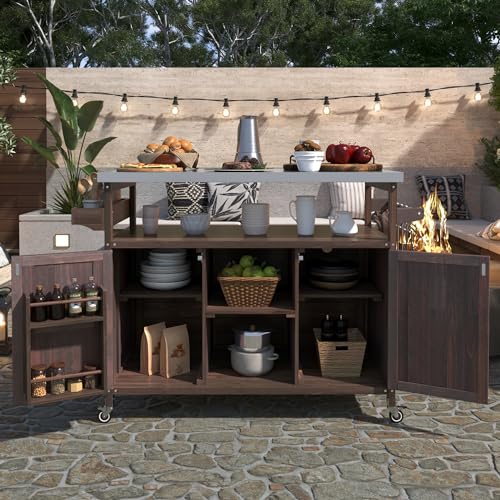 Outdoor Deck Box Storage Cabinet with Stainless Steel Countertop, 50 Inch Solid Wood Patio Storage Box on Wheels for Garden Tools, Grill Prep, and Pool Accessories, Dark Brown - color: Dark Brown - 50.25 X 18.50 X 36.25 Inch