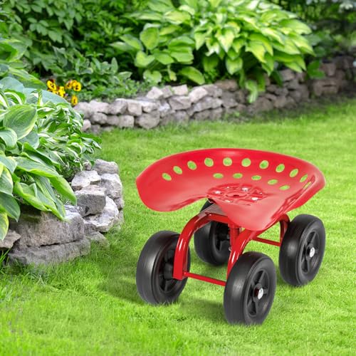 LDAILY Garden Seat with Wheels 11"-16" Adjustable Height for Lawn Planting - color: Red
