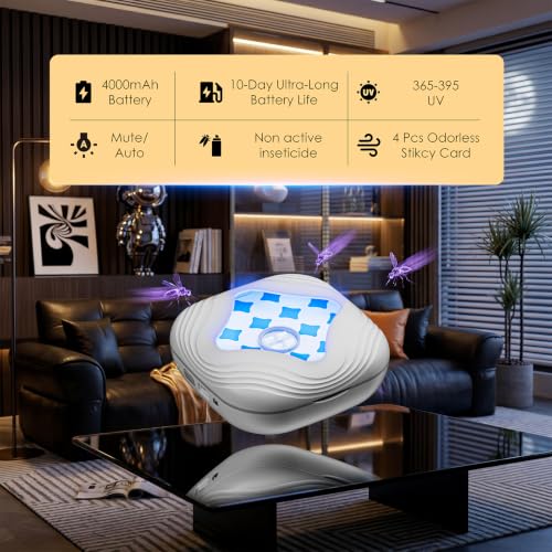 Flying Trap Insect, 2 in 1 Portable Fruit Fly Trap 4000 mAh, 1 Trap wihte and 4 Glue Cards, Fruit Fly Traps for Gnat, Moth, Mosquito, Suitable for Home, Outside,Patio,Backyard,Camping - color: White, size: 1 Device 4 Glue Cards