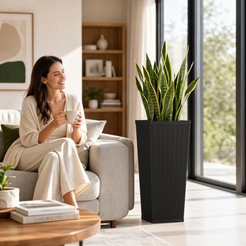 Flamaker 30“ Tall Plastic Planters with Drainage Holes Front Porch Set of 2 - color: Black, size: 30" H