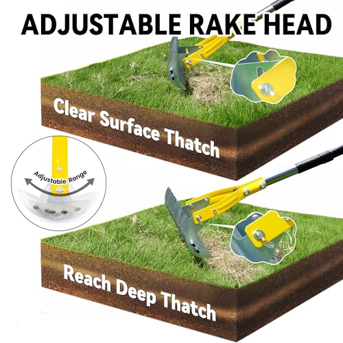 Thatch Rake for Lawn with 74inch Handle, 15 inch Dethatcher Rake for Grass to Cleaning Dead Grass, Efficient Steel Metal Rake for Dethatching, Heavy Duty Thatching Rakes for Garden, Yard