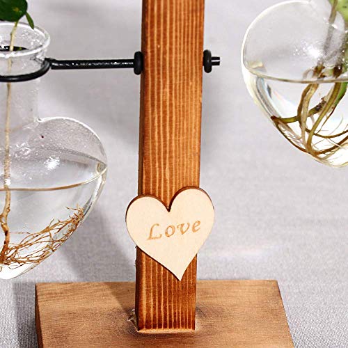 Kingbuy Heart Shaped Glass Hydroponic Vase with Retro Wooden Stand - Desktop Plant Terrarium for Bulb Planter, Water Plant Propagation Glass Vase Pot Planter Flower Desktop Decoration Home Garden - size: Heart (2 Bulb Vase)