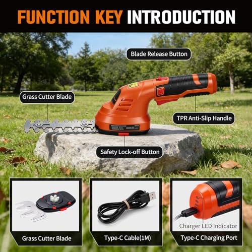 Electric Hedge Trimmer Cordless, 2-in-1 Lightweight Handheld Grass Trimmer Hedge Shears/Cutter, 8V Battery Powered Rechargeable Garden Tool for Yard, Lawn