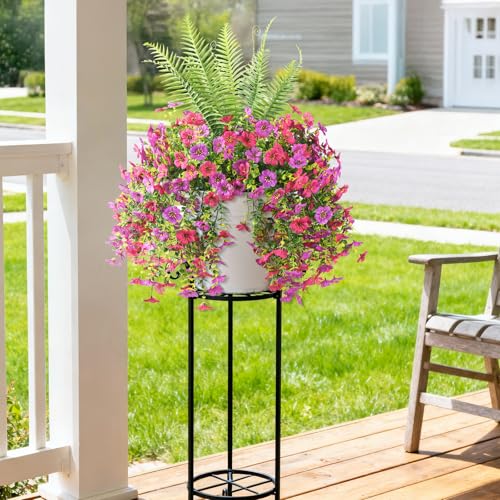 INQCMY Artificial Fake Hanging Flowers with Fake Fern for Outdoors - color: 3pcs Purple Rose,1pcs Fern