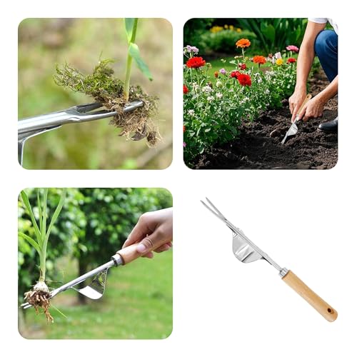 Garden Weeding Tool, V-Shaped Stainless Steel Weed Puller with Ergonomic Wood Handle, Heavy Duty Manual Hand Weeder Fork for Lawn, Farmland & Patio, Deep Root Removal Tool
