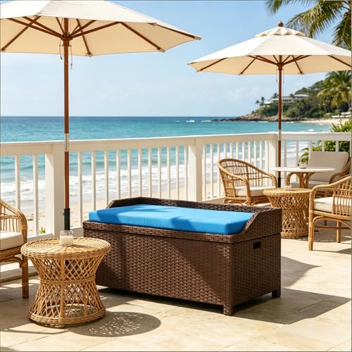 34 Gallon Outdoor Storage Bench, Rattan Wicker Deck Box with Blue Cushion - color: Blue,Coffee