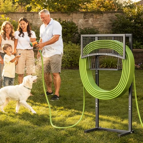 Garden Hose Holder Freestanding with Storage Basket, Holds Up to 165FT Hose, Heavy Duty Metal Water Hose Holder with 4 Anchor Spikes, for Yard, Lawn & Patio - color: Black