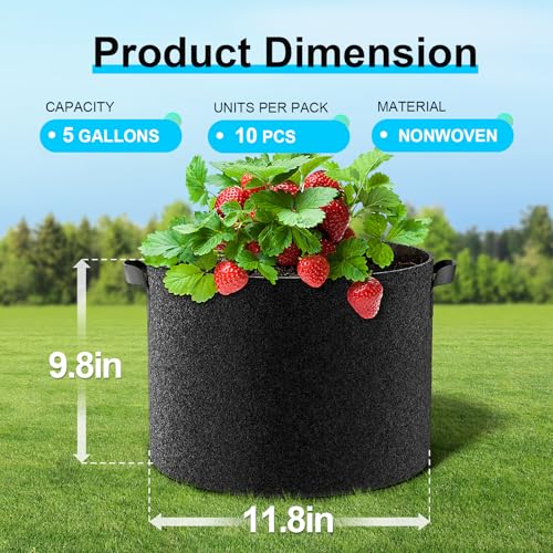 Land Guard 10-Pack Fabric Grow Bags 5 Gallon, Thickened Nonwoven Garden Pots, Growing Bags with Handles, Black - size: 5 Gallon