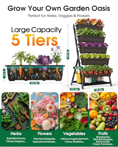 5-Tier Vertical Garden Bed Planter Boxes with Drainage System & Storage Space, Freestanding Vertical Garden Planter with 5 S-Hooks for Plants Vegetables Flowers Herbs in Garden Patio Yard - style: without wheels